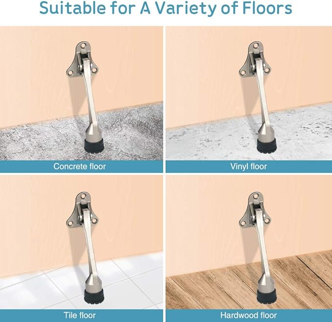 Door Stopper, Kick Down Door Stops for Heavy Doors, with Rubber Tip and Spring Lever, Adjustable, Easy to Set Down and Release, 4-Inch, for Wide Doors (4inch x 2pack, Satin Nickel)