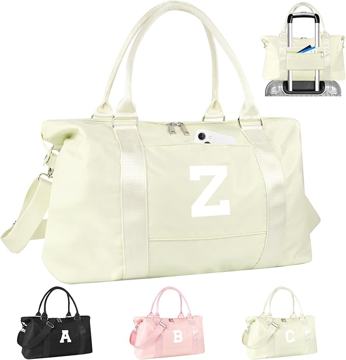Initial Travel Duffel Bag Sports Gym Bag for Kids Teen Birthday Gifts,Beige Personalized Weekender Bag Carry On Dance Bags for Women Men,Waterproof Monogram Overnight Bag with Trolley Sleeve(Letter Z)