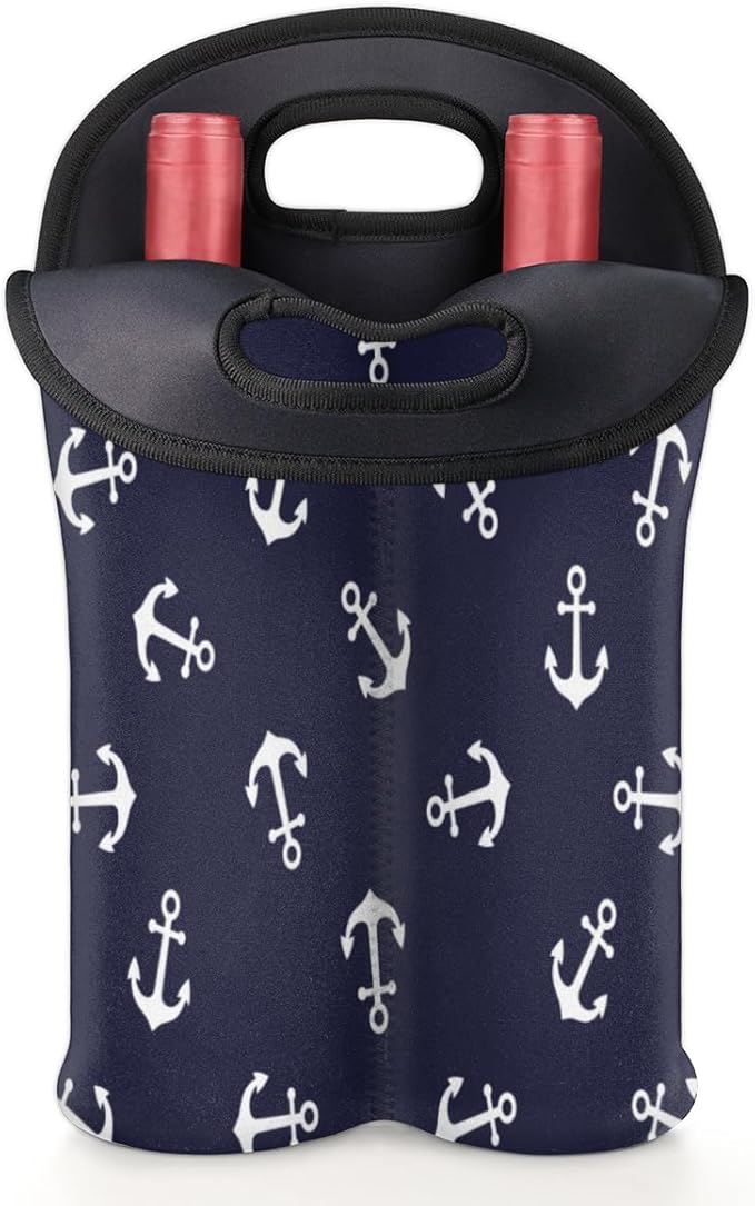 Nautical Anchors 2 Bottle Wine Carrier Tote Bag Insulated Wine Bottles Neoprene Bag with Secure Carry Handle Portable Wine Cooler Bag for Travel Picnic Beach