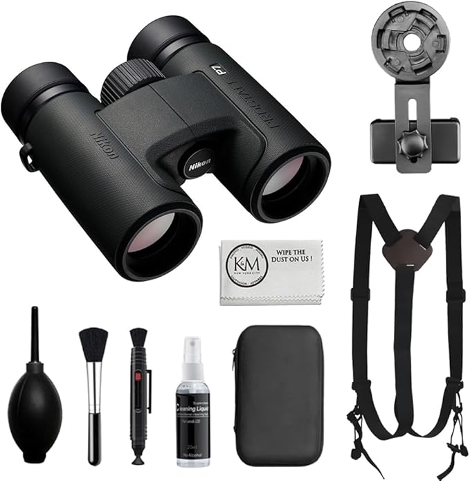 Nikon PROSTAFF P7 10x30 Binoculars Bundled with Harness Strap + Deluxe Cleaning Kit + Smartphone to Binocular Adapter + Microfiber Cleaning Cloth (5 Items)