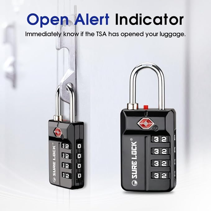 SURE LOCK TSA Approved 4-Digit Resettable Combination Luggage Lock with Open Alert, Easy-Read Dials - for Luggage, School Lockers, Gym, Office, Toolbox & Security Cases (Black 1 Pack)