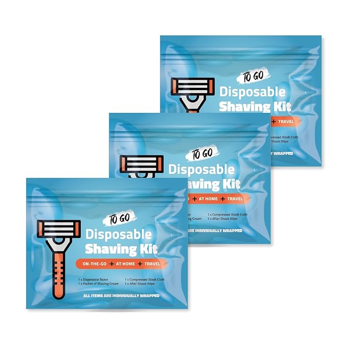 Shaving Kit with Razor, Shaving Cream, Washcloth & Aftershave Wipe – Men’s Travel Shave Set for Hotels, Shelters & Outreach – Disposable Grooming Pack (Blue) (3)
