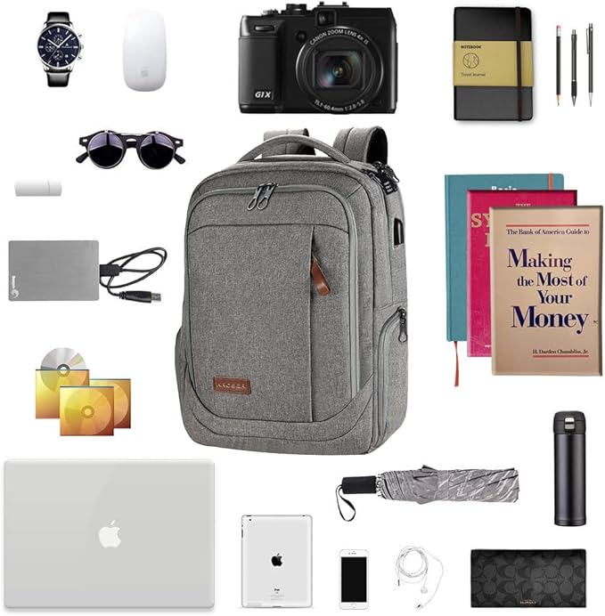 KROSER Laptop Backpack Large Computer Backpack Fits up to 17.3 Inch Laptop with USB Charging Port Water-Repellent Casual Daypack for Travel/Business/College/Women/Men-Grey