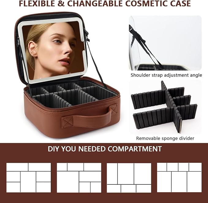 Travel Makeup Bag for Women and Makeup Artists Cosmetic Organizer Large Makeup Case,Travel Makeup Bag with Mirror 3 Color Setting,Portable Storage and Adjustable Dividers(Dark brown)