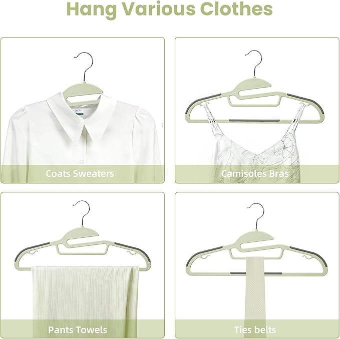 BAGAIL Plastic Hangers 50 Pack with Non-Slip Design,0.2 Inches Thick, 360°Swivel Hook Space Saving Organizer for Bedroom Closet,Shirts,Pants(Matcha Green- S Shaped)