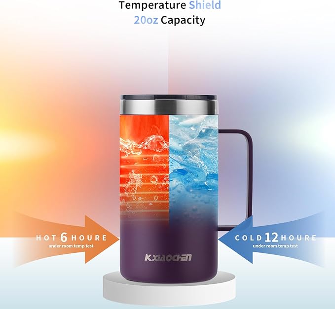 KXIAOCHEN 20oz Insulated Coffee Mug with Lid, Stainless Steel Coffee Cup, Double Wall Vacuum Coffee Tumbler with Handle, Premium Thermal Travel Coffee Mug (Purple)