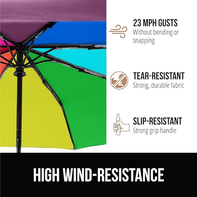 GORILLA GRIP Strong Stick Umbrella for Rain, Compact Travel One-Click Automatic Open Close, Lightweight, Portable, US Designed Reinforced Fiberglass Ribs, Wind Resistant, Easy Collapse, Rainbow