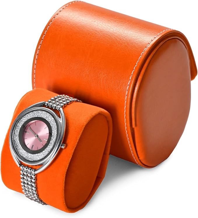 Oirlv Luxury Leather Travel Watch Case Single Watch Box for Women Portable Jewelry Watch Storage Roll Organizer(Orange)