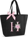 Vavabox Tote Bag, A-Z Initial Monogrammed Waterproof Tote Bag, Bridesmaid Gifts for Women, Black and Pink