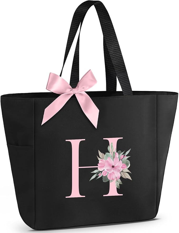 Vavabox Tote Bag, A-Z Initial Monogrammed Waterproof Tote Bag, Bridesmaid Gifts for Women, Black and Pink