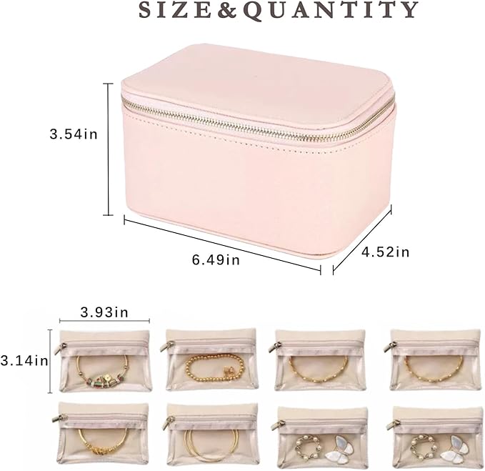 Jewelry Box Organizer for Women,Small Travel Jewelry Case,Mini Travel Jewelry Organizer with 8 Velvet Jewelry Zipper Pouches, Jewelry Box Organizer for Christmas Birthday(Pink)