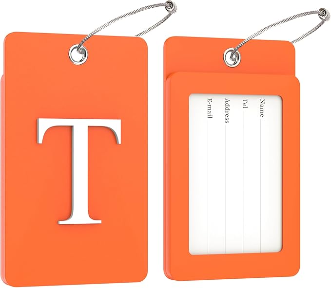 Gostwo 2 Pack Luggage Tags for Suitcases, 26 Initial Letter Travel Luggage Baggage Identification Labels ID Tag Fully Bendable Tags with Stainless Steel Loop (Orange) (Letter T)
