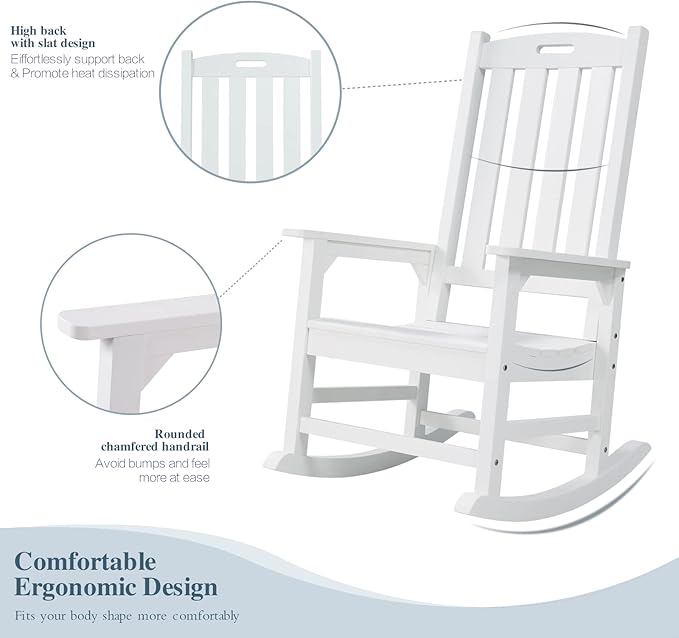 Psilvam Oversized Outdoor Rocking Chair, with 21" Wide Seat and 32" Tall Backrest, Pre-Assembled with Most Components for Effortless Installation (White)