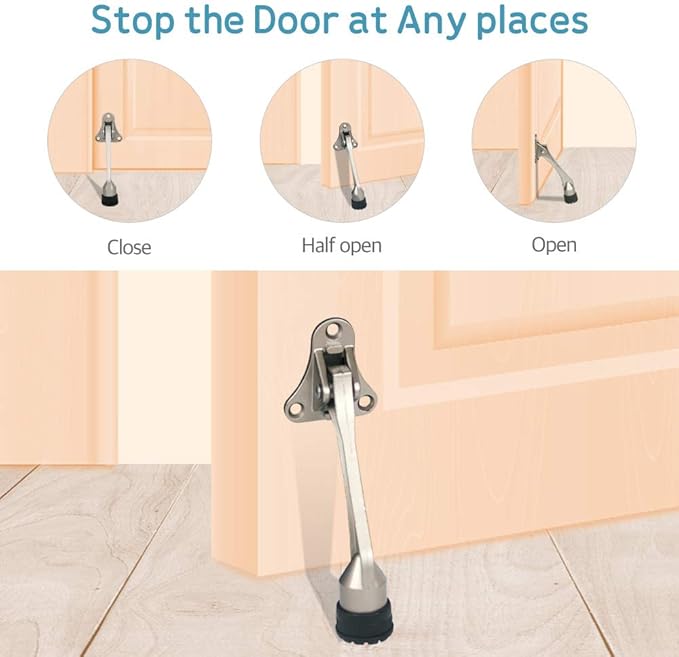 Door Stopper, Kick Down Door Stops for Heavy Doors, with Rubber Tip and Spring Lever, Adjustable, Easy to Set Down and Release, 4-Inch, for Wide Doors (4inch x 2pack, Satin Nickel)