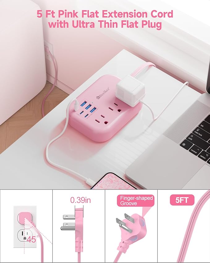 6 USB(3 USB C) Pink Power Strip- 5Ft Pink Extension Cord with 6 USB Charging Station 24W/4.8A and 3 Outlets, Pink Desk Accessories for Cruise Travel Pink Cute Kawaii College Dorm Desk Home Essentials
