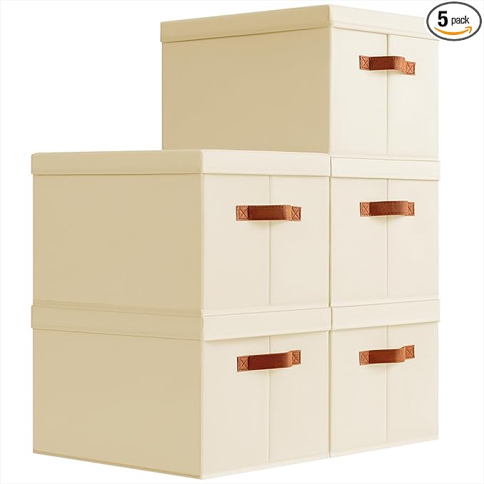 Storage Bins with Lids - Large Fabric Closet Bins with Lid, 5 Pack Clothes Organizers and Storage, Collapsible Stackable Cube Basket for Home, Office, Dorm, Beige