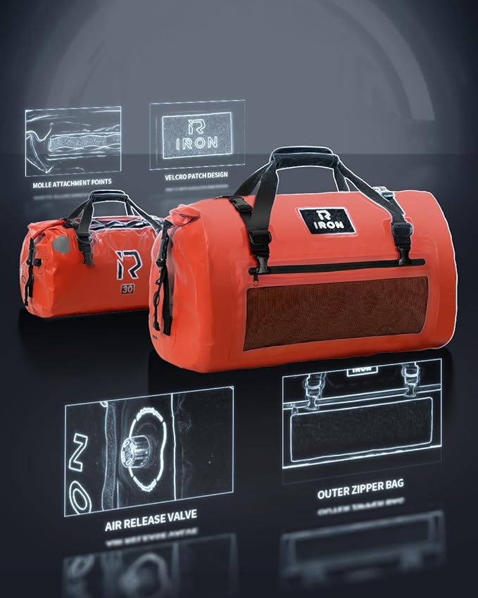 IRON JIA'S Motorcycle Dry Bag - Waterproof Duffle & Luggage Tail Bag Saddle Bags with Roll Top Closure, Shoulder Straps, Inner Pocket and Mesh Pocket (Orange, 30L)