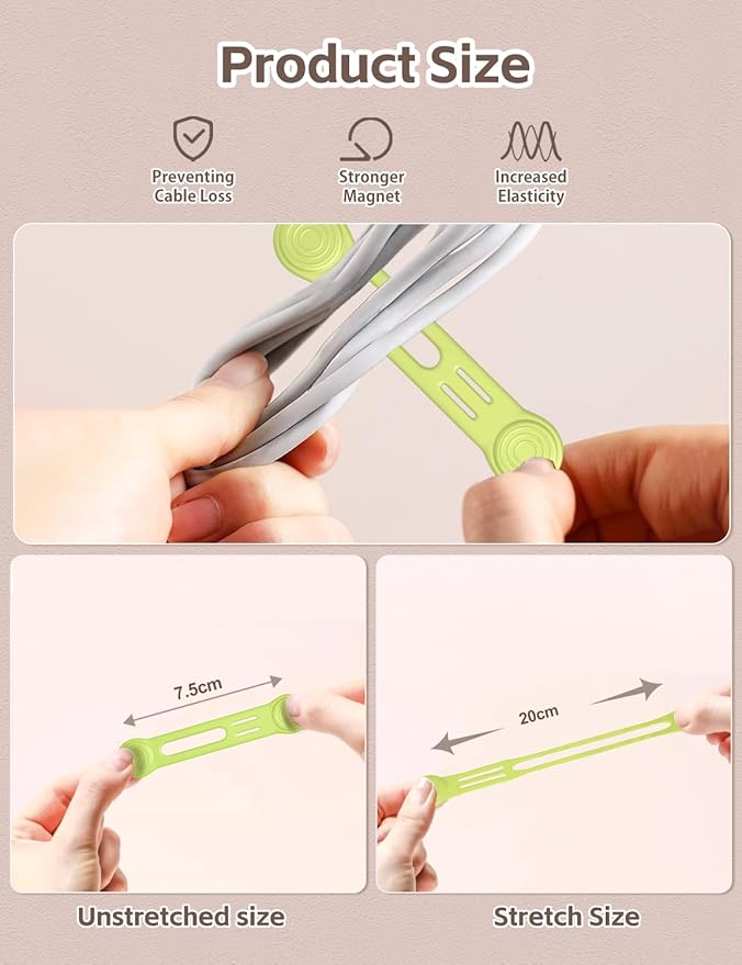 Kanemc Magnetic Cable Organizer For Cords, Cord Wrap Silicone Zip Ties Twist Ties Magnet Strap For Smartphone Charger Earphone Video Game USB C Cables (Macaron Color, S-size)
