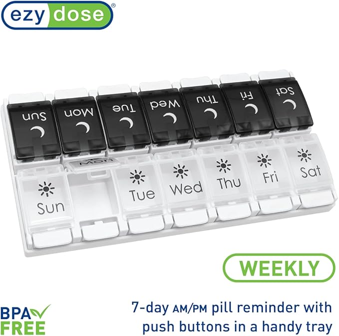 EZY DOSE Push Button (7-Day) Pill Case, Medicine Planner, Vitamin Organizer, 2 Times a Day AM/PM, Removable Trays, Large Compartments, Arthritis Friendly, Spring Open Black and White Lids, BPA Free