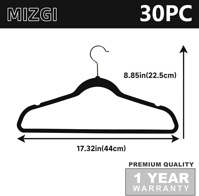 MIZGI Premium All Black Velvet Hangers with Black Hooks (30 Pack) Heavy Duty - Non Slip Felt Hangers - 360 Degree Swivel,Space Saving Clothes Hanger,Durable Strong Hanger for Suits,Coat