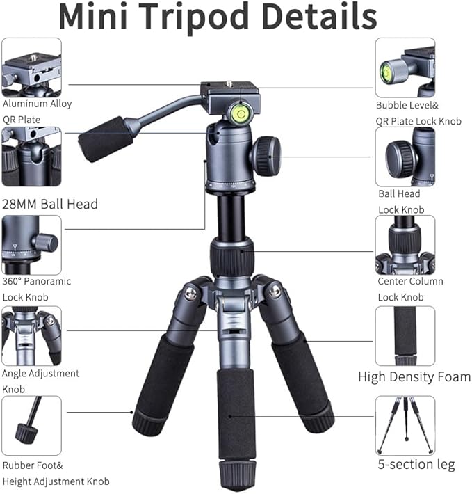 Portable Desktop Mini Tripod with Panning Handle, 20" / 52cm Desk Tabletop Aluminum Alloy with 360° Ball Head, Compact Tripod for DSLR Camera Video Camcorder, Load up to 13lb / 6kg