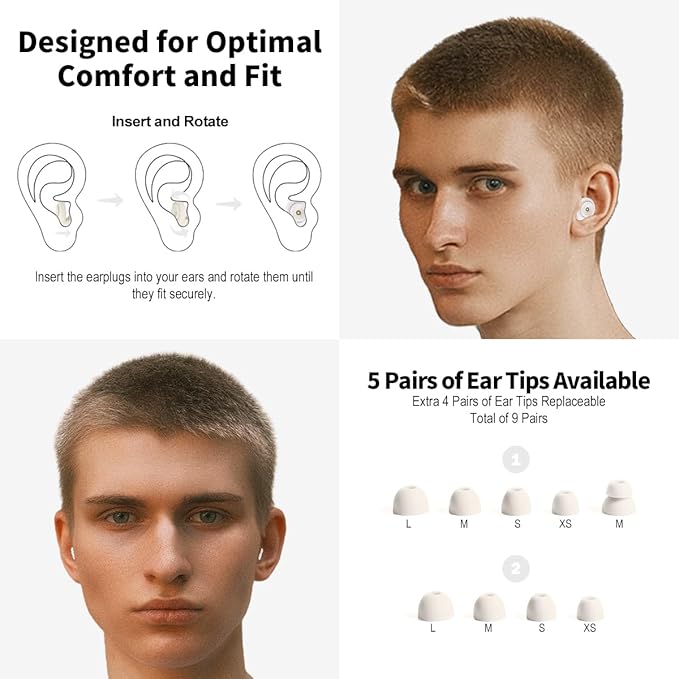 Ear Plugs for Sleeping Reusable Earplugs for Concerts Noise Cancelling Soft Silicone Noise Reduction Earbuds for Travel Focus Work 33-45dB Hearing Protection with 9 Ear Tips & Case (Off-White)