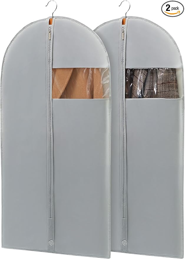 43" Garment Bags for Hanging Clothes, Suit Bags for Closet Storage and Travel, Grey Suit Cover Bags with Clear Window for Coats, Jackets, Shirts (2 Packs)