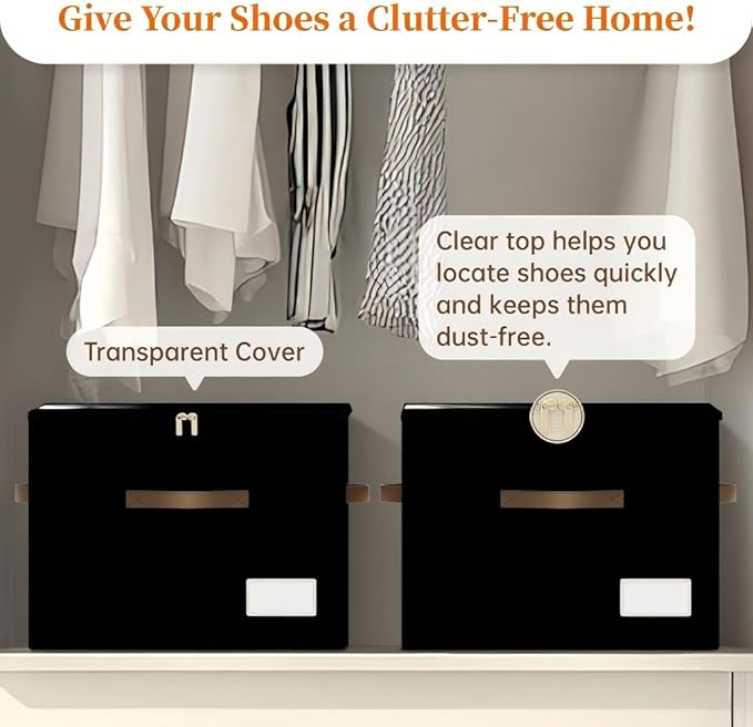3 Pack Shoe Organizer for Closet, Foldable Shoe Storage Containers, Fits up to 24-48 Pairs, Shoe Storage Organizer Box Cubby Baskets Bins with Clear Cover and Reinforced Handles, Black