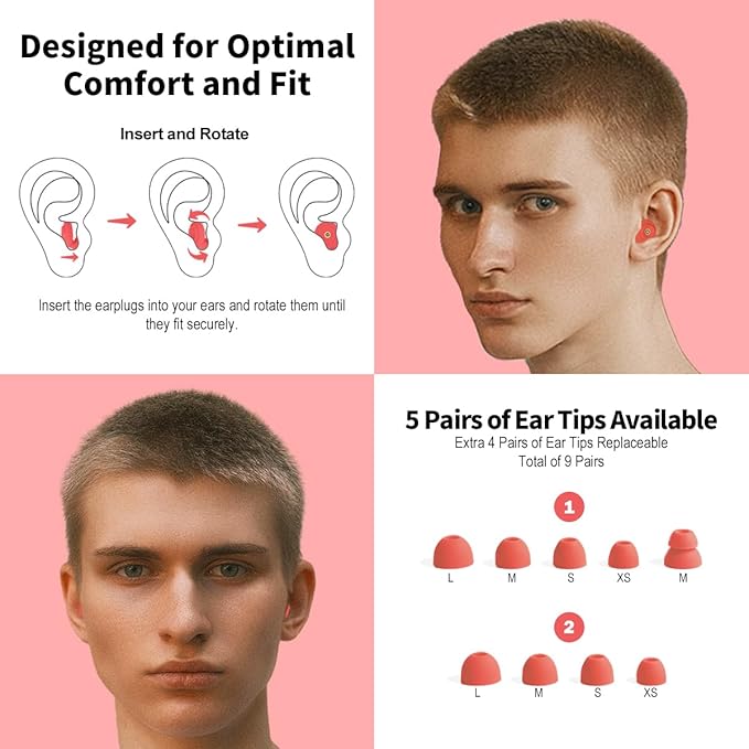 Ear Plugs for Sleeping Reusable Earplugs for Concerts Noise Cancelling Soft Silicone Noise Reduction Earbuds for Travel, Focus, Work 33-45dB Hearing Protection with 9 Ear Tips & Case(Red)