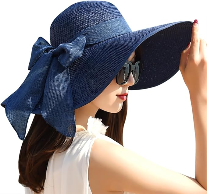 DRESHOW Beach Hats for Women Big Straw Wide Brim Summer Hat Floppy Foldable Roll up Cap Sun Hat UPF 50+