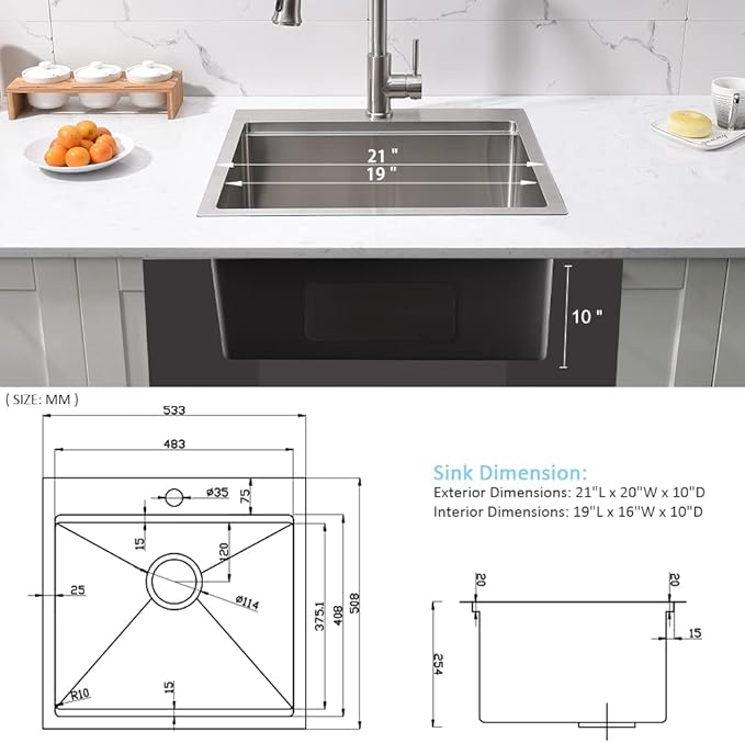 Bar Sink Drop In Workstation-Bokaiya 21x20 Small Drop In Kitchen Sink Stainless Steel Outdoor RV 16 Gauge Top Mount Single Bowl Wet Bar Sinks with Cutting Board
