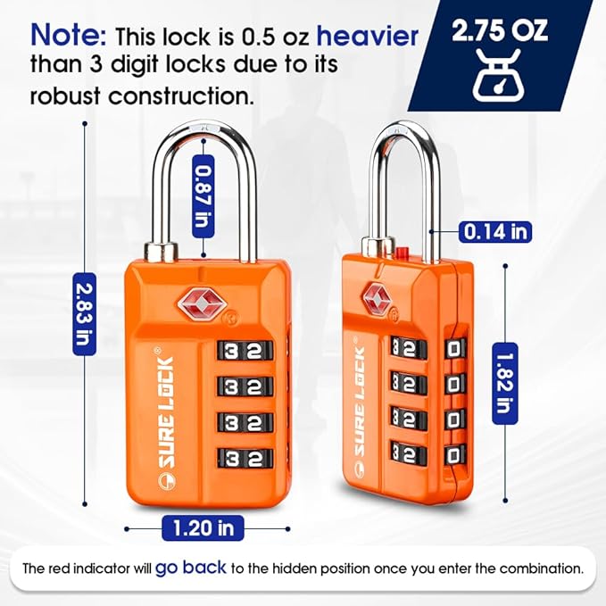 TSA Approved Travel Luggage Locks, Open Alert Combination Lock for School Office & Gym Locker,Toolbox, Pelican Case,Easy Read Dials- 1, 2 & 4 Pack (1, Orange 2PACK)