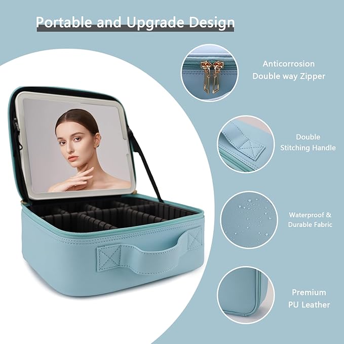 Makeup Bag with Led Mirror,Travel Makeup Organizer with 3 Color Setting & 10X Magnifying Mirror, Portable Storage and Adjustable Dividers Travel Makeup Bag-baby blue
