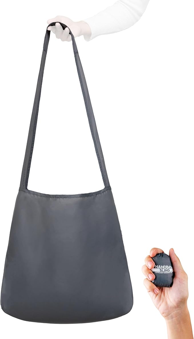 Nanobag Ultra-Lightweight Foldable Sling for Women & Men, Reusable Grocery & Travel Bag, Packable Collapsible Compact Market Crossbody (Sling Gray)