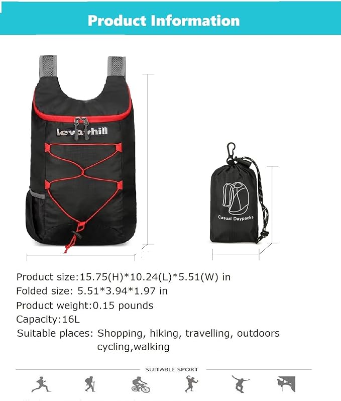 16L Hiking Daypack Lightweight Foldable Travel Backpack Water Repellent Camping Outdoor Packable Easy Carry-on Bag (Black+Red)