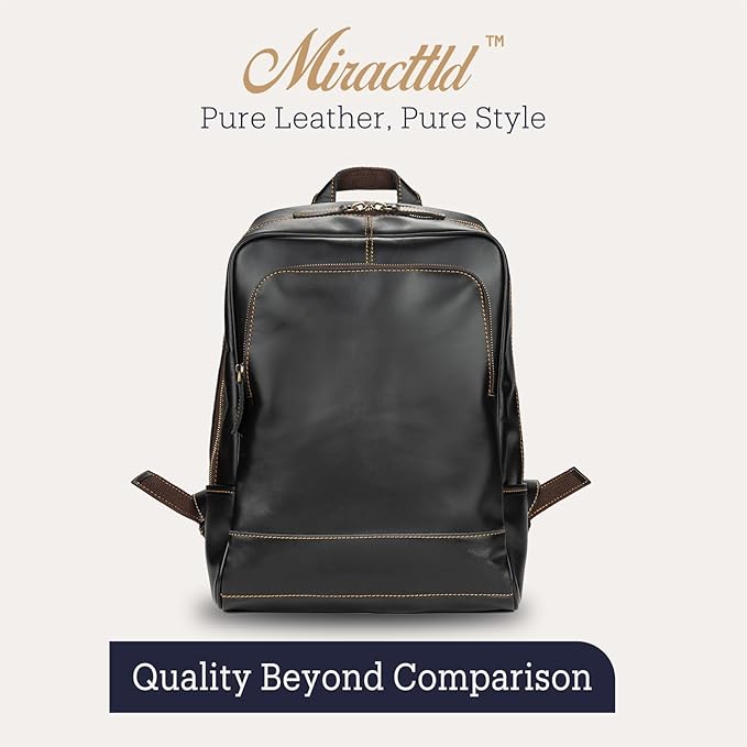 Leather Backpack for Men 15.6" Laptop Backpack 100% Madagascar top-Grain Leather Backpack Black Medium Size