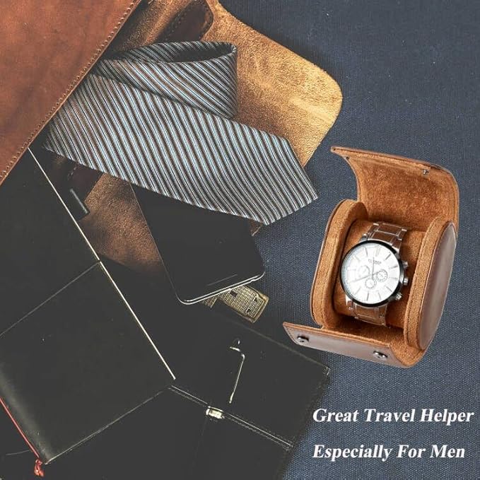 MR.OKAY Single Watch Travel Case-Classic Leather Watch Case With Superb Texture.Portable Watch Roll Or Organizer For Storage And Display.Travel Gift for Men,All Handmade By Leather Craftsmen.