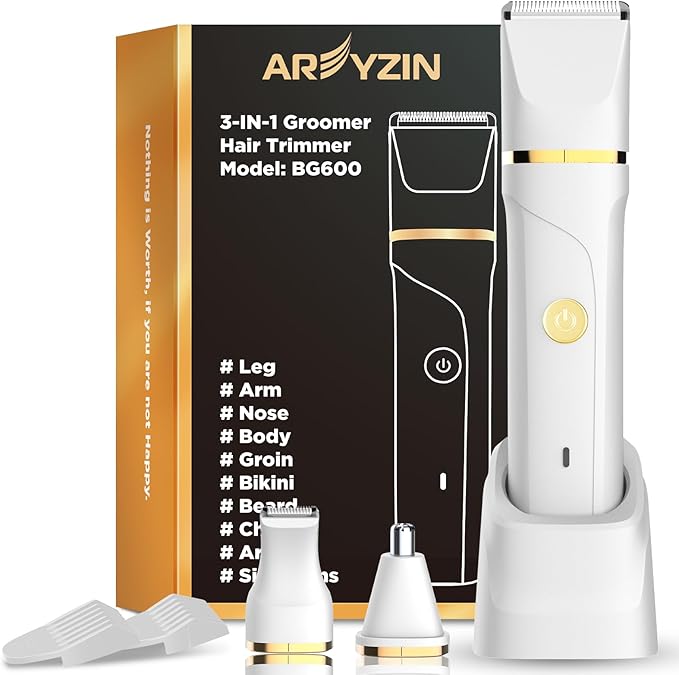AREYZIN Bikini Trimmer for Women Painless Electric Razor for Women,3 in 1 Pubic Hair Trimmer,USB Recharge Dock,Replaceable Ceramic Blade Heads,IPX7,White