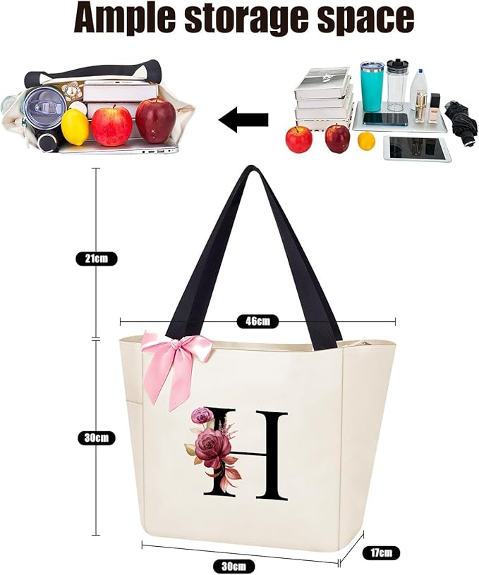 Vavabox Tote Bag, A-Z Initial Monogrammed Waterproof Tote Bag, Bridesmaid Gifts for Women, Black and Pink