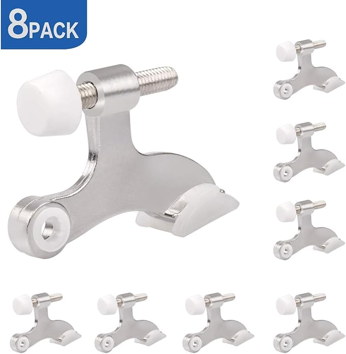 HOMOTEK 8 Pack Hinge Pin Satin Nickel Door Stopper,Adjustable Deluxe Heavy Duty Door Stopper 2-1/2"x1-3/4,with White Rubber Bumper Tips