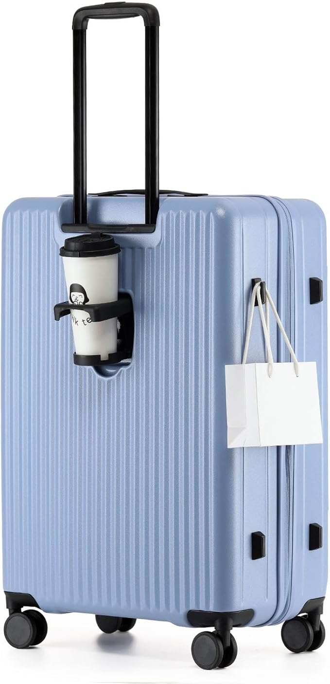 26 Inch Top Opening Checked Travel Luggage Expandable with Spinner Wheels,All PC Hard Shell Hardside Lightweight Medium Suitcase with TSA Approved Cup Holder for Business Trips Woman Men,Blue