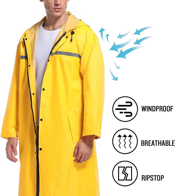 Mens Long Hooded Safety Rain Jacket Waterproof Emergency Raincoat Poncho