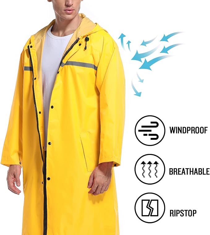 Mens Long Hooded Safety Rain Jacket Waterproof Emergency Raincoat Poncho