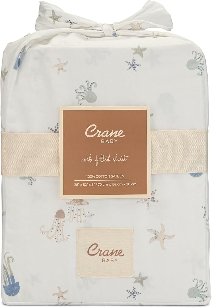 Crane Baby 100% Cotton Animal Nursery Sheet with Jellyfish Design, Neutral Crib Sheets, Fitted Toddler Sheet, 28" x 52"Standard Size Sea Life Crib Sheet