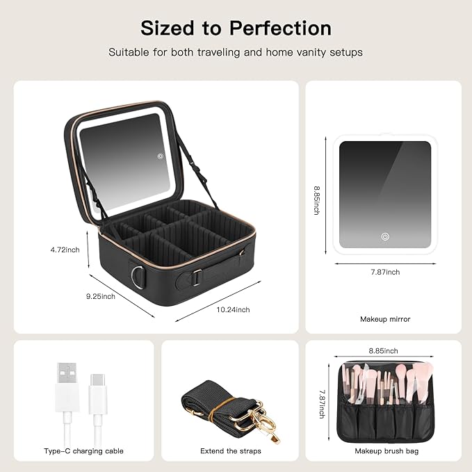 Travel Makeup Bag with LED Mirror, Cosmetic Bags for Women with Light up Mirror, Travel Essentials Makeup Organizer, Makeup Case with Adjustable Dividers and Brush Holder, 3 Color Lights