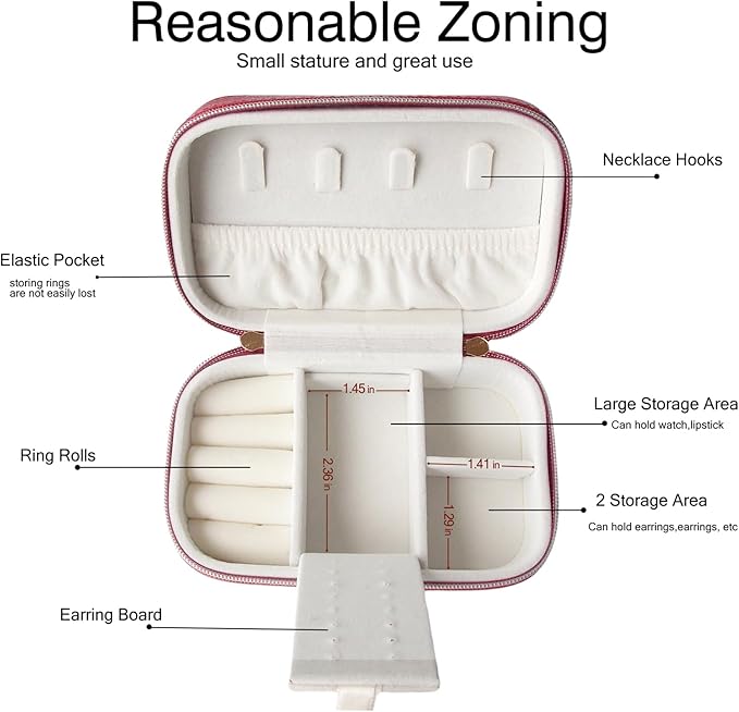 Small Jewelry Travel Case For Womens Small Rectangle PU Leather Jewelry Box With Zipper 2.56" H Portable Travel Jewelry Case For Earring Rings Necklaces Bracelets Red Jewelry Gifts Box