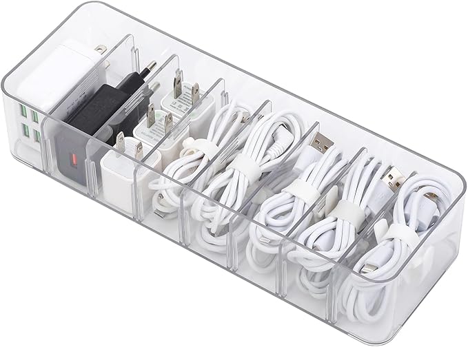 Yesesion Clear Plastic Cable Organizer Box with Adjustment Compartments, Desk Accessories Storage Case with 10 Wire Ties for Drawer, Office Supplies, Electronic Management, Battery and Charger