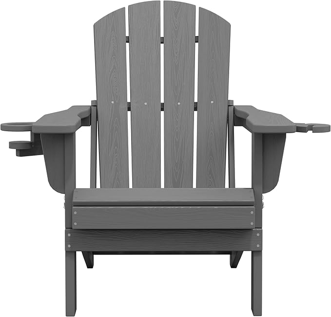 SERWALL Folding Adirondack Chair, Dual Cup Holders & All-Weather HDPE, Wood-Like Patio Chair for Backyard, Camping，Pool & Fire Pit- Grey