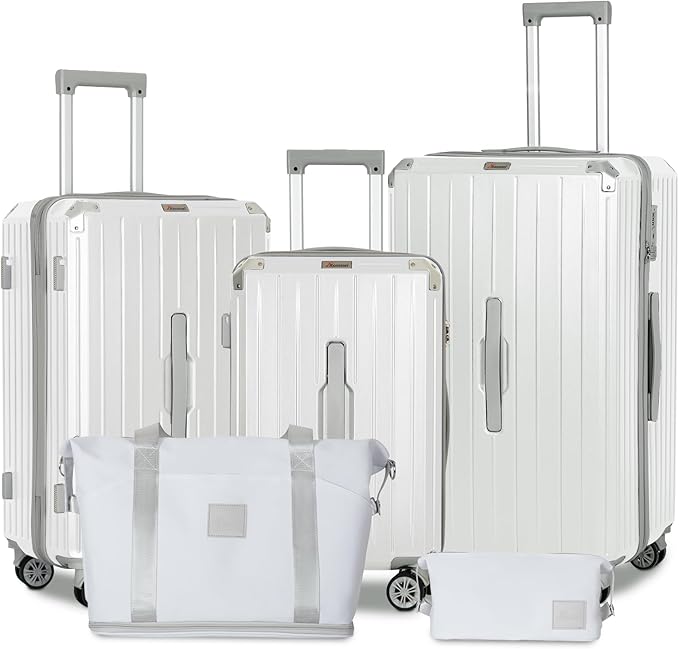 Romswi Suitcase Set with TSA Lock Cup Holder, Hardside Spinner Suitcase with Duffel Bag, Lightweight Durable PC+ABS White 5 PCS(20/24/28inch)