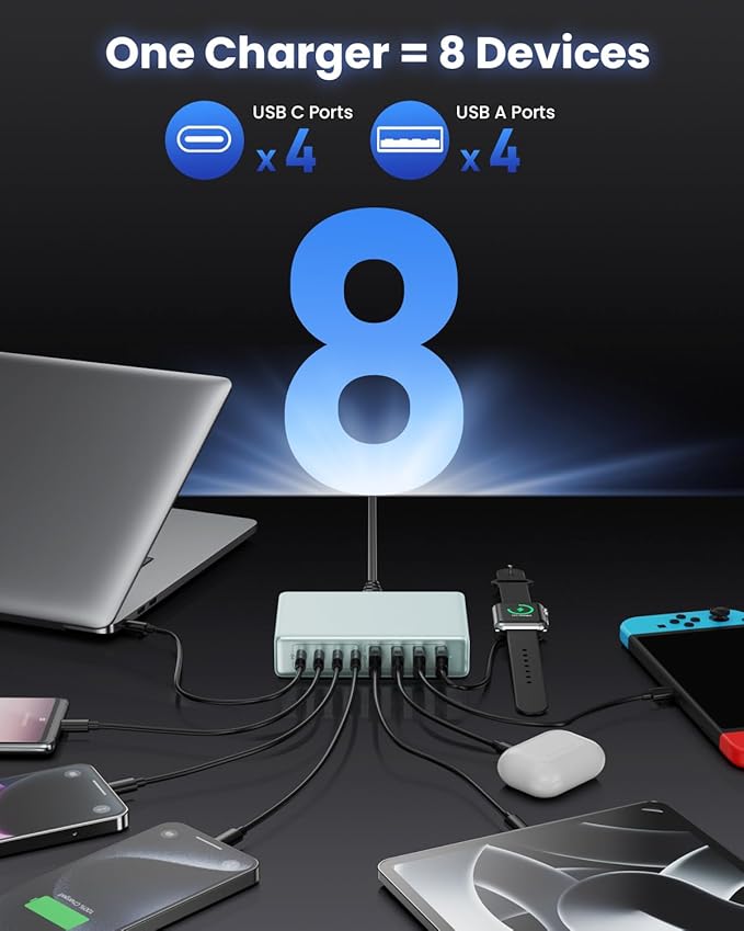 200W USB C Charger Block,GaN IV Charging Station 8 Ports,QC4.0 Fast Charging Station Hub+PD 65W USB C Laptop Charger Adapter Compatible with MacBook Air/Pro,DELL,iPhone 16/15,iPad,Steam Deck-Sky Blue